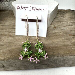 Betsey Johnson Frog Dangle Earrings With Rhinestone Accents & Pink Enamel Detail
